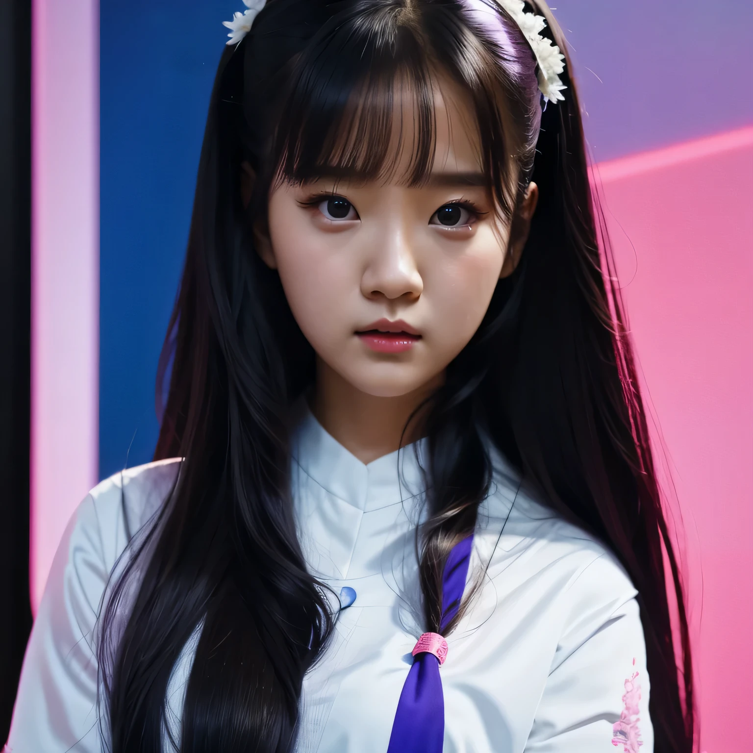 arafed college student with long black hair and a white shirt,（（（Purple-pink clothes））） she has a distant expression, iu lee ji-eun as a super villain, but a stern look about her, she has a cute expressive face, young wan angel, girl next door innocent look, high drama, sideways glance, kwak ji young, movie screencap, handsome girl, innocent look, brilliant, 1girl, solo，Cobalt Blue Series（（Cobalt Blue））