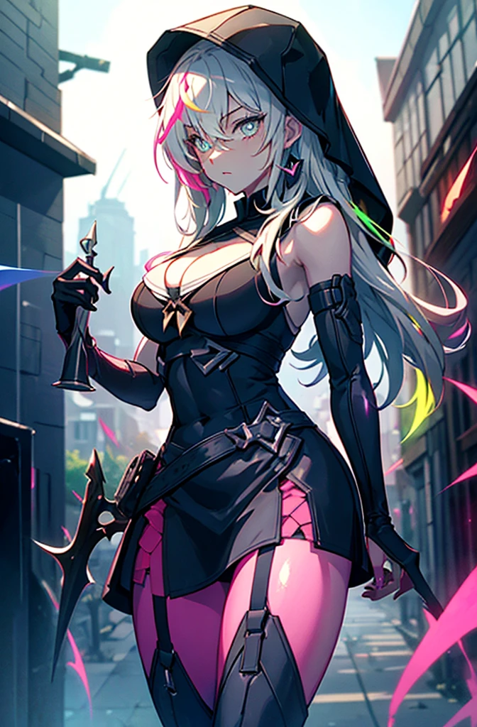 Dark Night Background, Neon glow, City of night, Big city, Running in the sky, girl１people, サイバーパンクアニメのgirl mech,　Lines of Light, Holographic,　A dynamic pose,,Cowboy Shot, ,High quality generation of dark female characters, Unreasonable,Her figure is terribly beautiful, Emphasizing the dark and crazy elements. Skillfully expressing the effects of light and shadow, detailed, The face and expression are carefully drawn.., Artistic elements add depth to the work, With a unique artistic touch. This film is visually stimulating and aesthetically pleasing.,sketch (Character design sheet, same characters, whole body, Three-View, front, ~ ~ side, return),虹色のHolographic