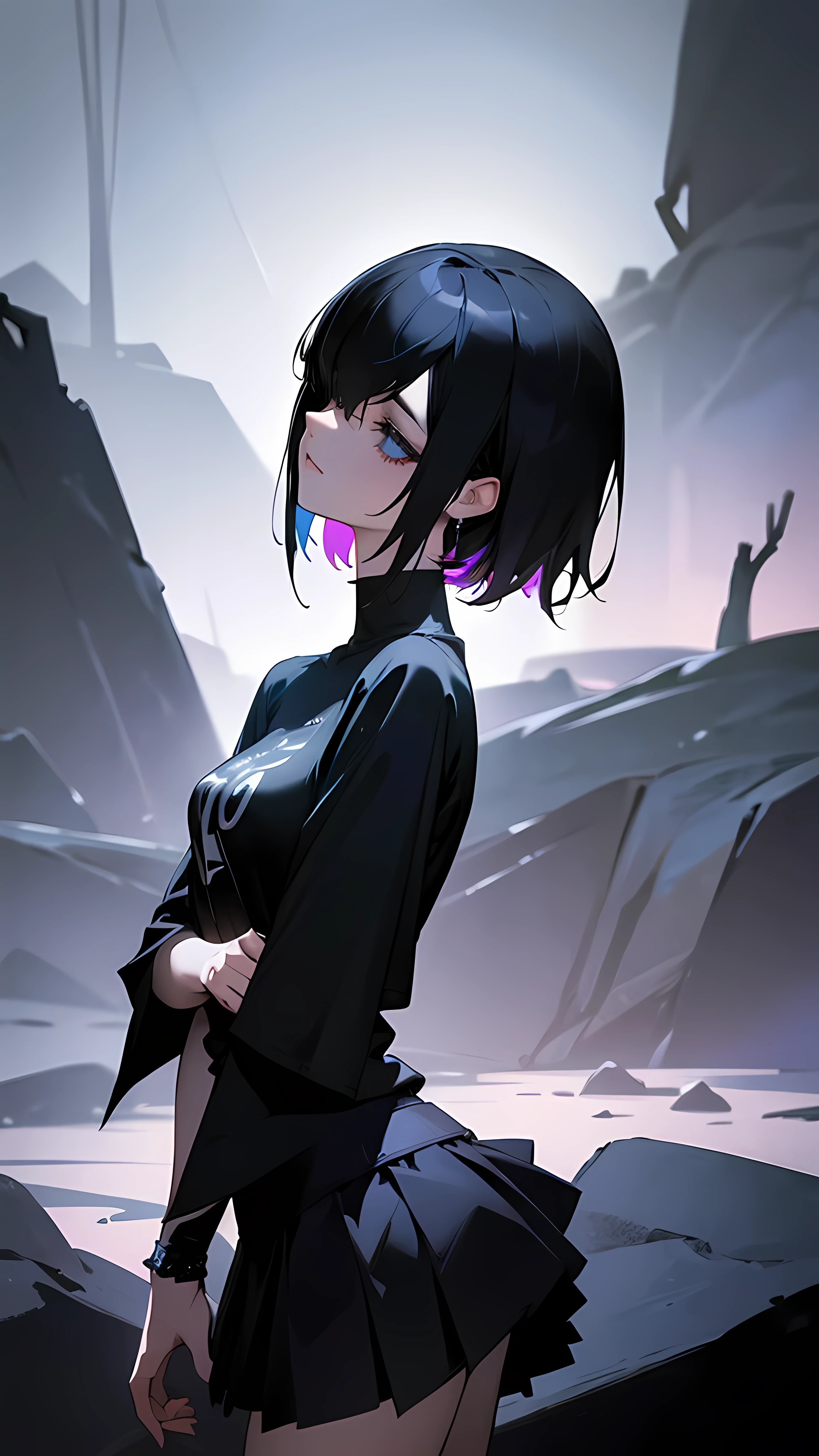 (best quality,ultra-detailed,realistic),a beautiful gothic girl with short hair covering one of her eyes, black hair, wearing a short skirt and a rock band t-shirt, gothic style, dark atmosphere, vibrant colors, dramatic lighting