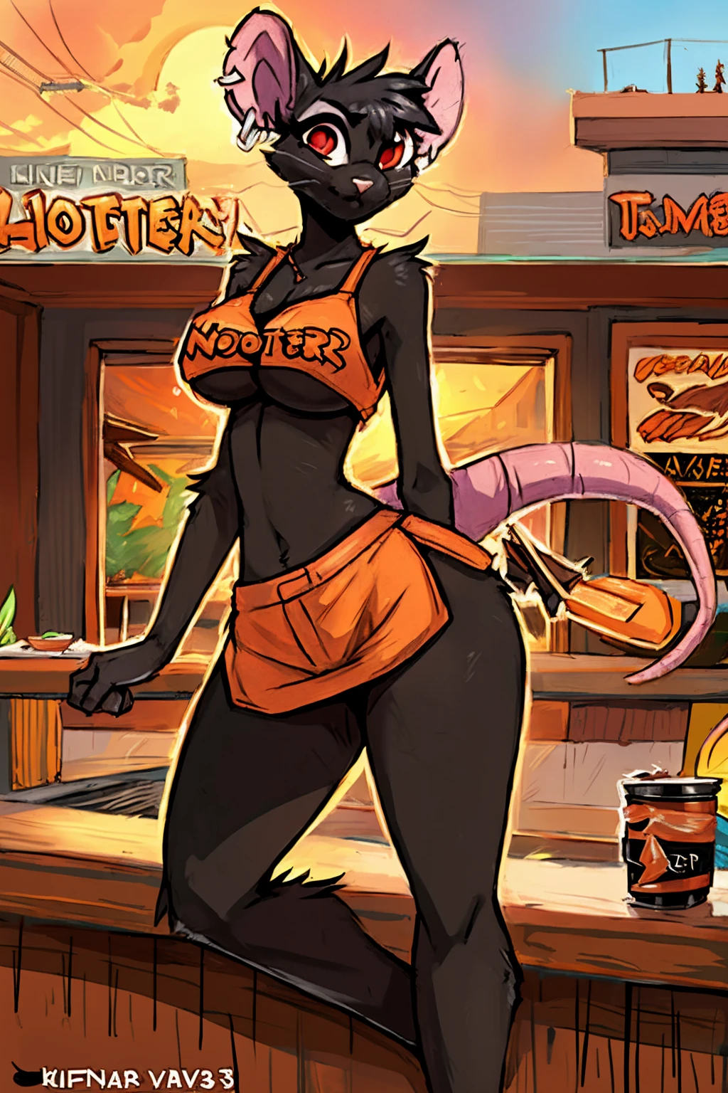 by fluff-kevlar, by Zackary911, by Kenket, by Kilinah, by fluff-kevlar, (masterpiece), (best quality), (anthro furry:1.3, snout:1.2, anthro:1.3, furry:1.2, solo female:1.2), (voluptuous figure), (big breasts), (big thighs), fully clothed, solo, hooters waitress, hooters clothing, working at hooters (seductive expression, perfect posture, blushing) hooters restaurant background, short hair, black hair, rat, red eyes, camillerat