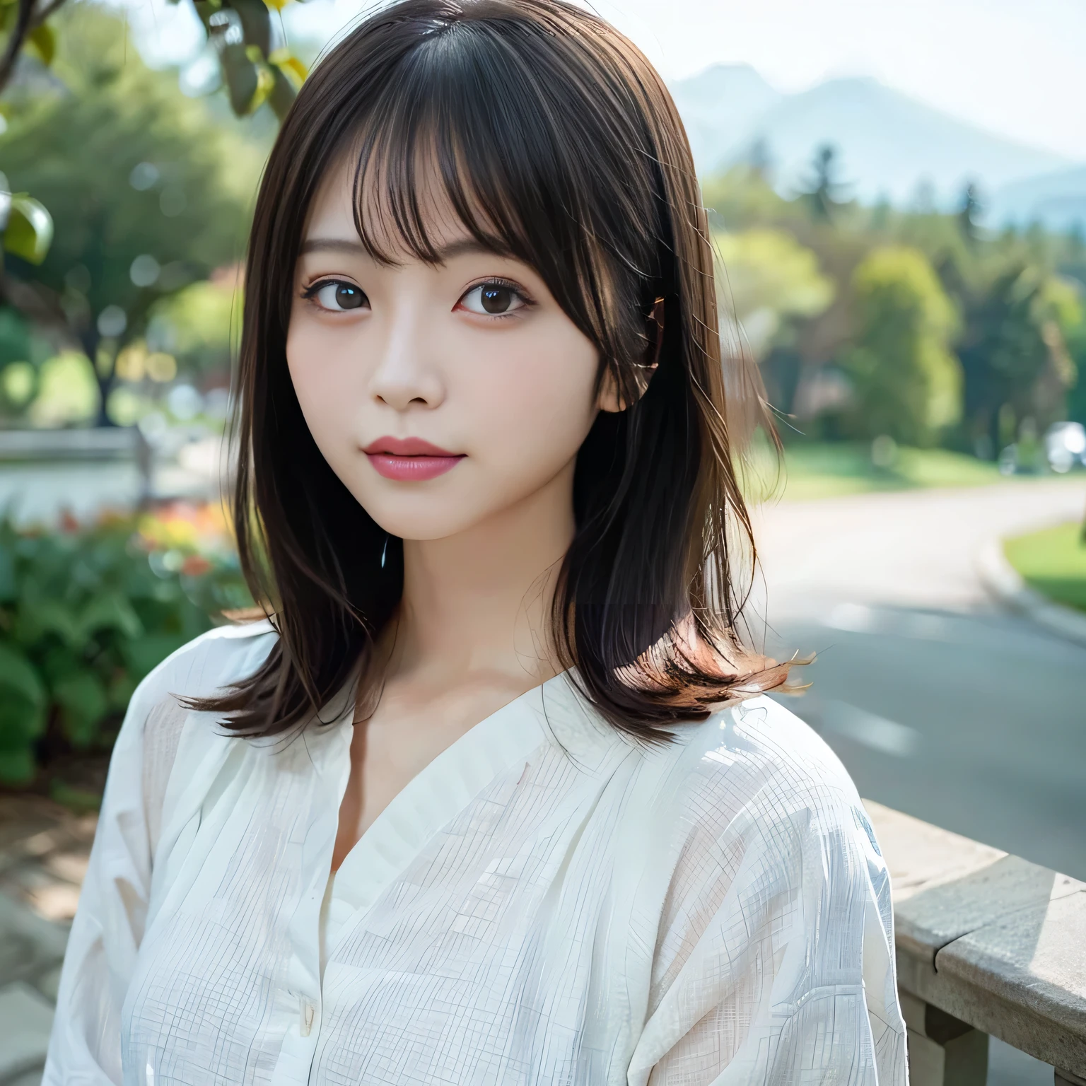 (8k、Raw photo、highest quality、Masseter muscle area:1.2)、Ultra-detailed、Ultra-high resolution、High-resolution RAW color photos、Professional photography、Very detailed and beautiful、in 8k、Highly detailed beauty、Highly detailed face、Highly detailed eyes、Highly detailed skin、Highly detailed fingers、Highly detailed nose、Highly detailed detailed mouth、Detailed Background、Detailed clothing、1 beauty、30th Generation:1.4、Nogizaka、Realistic body、、White skin、Glowing Skin、The body is slim、Handsome body、Black-haired、(Blunt bangs: 1.2)、A shy smile、cute、cute faces、Delicate eyes、Source Order、Looking at the camera、Positive、Standing posture、Dynamic Lighting、Mid-breasted、Beautiful feet、Upper body:1.3、gravure、Full Body Shot、Fashionable clothes、Park on the mountain、Nice views、blue sky