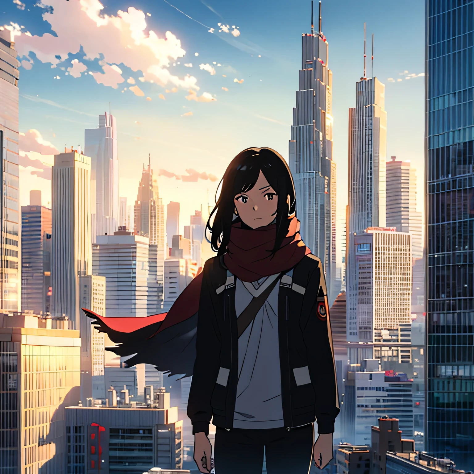 (best quality,highres),A student standing in front of a building, jet black hair, bright red scarf billowing in the wind, pensive expression,dull eyes, wearing a UA from My Hero Academia,urban backdrop,city skyline, bustling streets,skyscrapers towering in the background,soft evening sunlight casting a warm glow,depicting strength and determination,vibrant colors,ultra-detailed rendering,photorealistic style