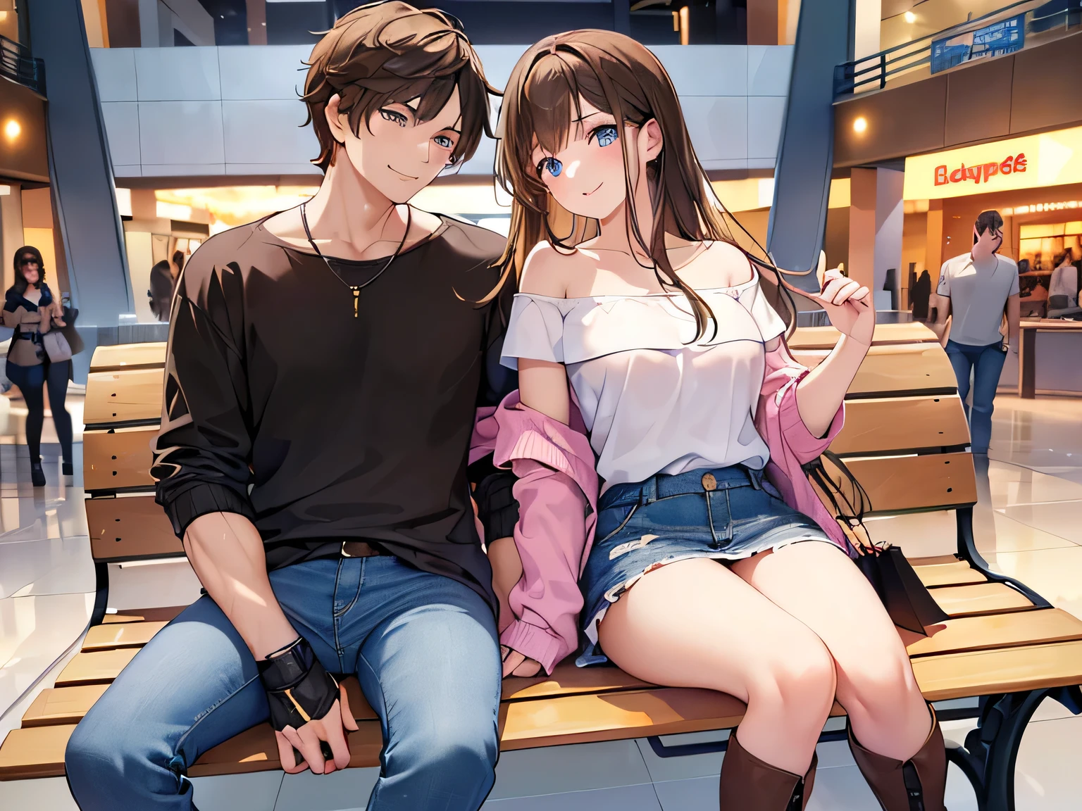 (Masterpiece, top quality, high resolution, realistic photo, realistic looking skin:1.1),
(Male and female couple sitting on a bench in a shopping mall:1.5),
(They both have smiling faces:1.5),
(Woman is wearing off-shoulder knit, mini skirt, long boots and long brown hair:1.8),
(The man is a handsome man wearing a T-shirt and a tailored jacket and denim:1.8),
(Location is a bench in a shopping mall:1.5),
Full-bodied Esbian, beautiful eyes, glowing eyes, glowing thighs, NSFW.