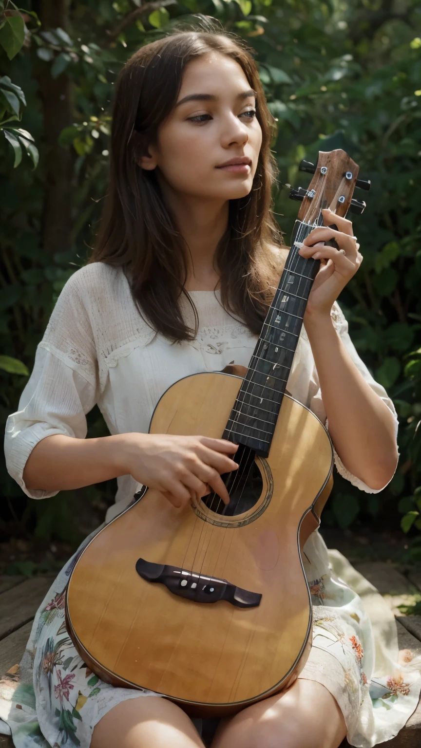 (best quality,highres,masterpiece:1.2),realistic,beautiful nature scenery with a detailed, vibrant Violão being played in the foreground. Sunlight filtering through the leaves of tall trees, casting warm and gentle rays onto the scene. The musician's fingers delicately strumming the strings, producing mesmerizing melodies that blend harmoniously with the sounds of chirping birds and rustling leaves. The Violão itself is exquisitely crafted, showcasing its intricate design and the smoothness of its polished wood. The deep tones emanating from the instrument fill the air, enveloping the surroundings with a serene atmosphere. The background features rolling hills, adorned with colorful wildflowers swaying gently in the breeze. The vibrant colors of nature complement the beauty of the music, creating a captivating fusion of sight and sound. The overall scene exudes a sense of tranquility and connection to the natural world, inviting the viewer to immerse themselves in the soothing melodies and peaceful ambiance.