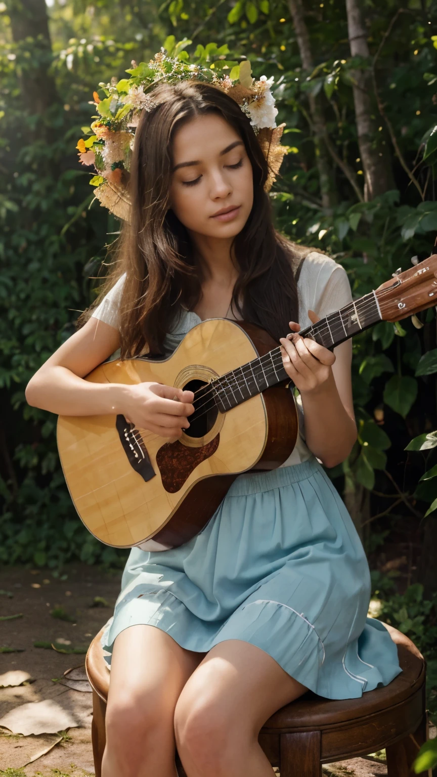 (best quality,highres,masterpiece:1.2),realistic,beautiful nature scenery with a detailed, vibrant Violão being played in the foreground. Sunlight filtering through the leaves of tall trees, casting warm and gentle rays onto the scene. The musician's fingers delicately strumming the strings, producing mesmerizing melodies that blend harmoniously with the sounds of chirping birds and rustling leaves. The Violão itself is exquisitely crafted, showcasing its intricate design and the smoothness of its polished wood. The deep tones emanating from the instrument fill the air, enveloping the surroundings with a serene atmosphere. The background features rolling hills, adorned with colorful wildflowers swaying gently in the breeze. The vibrant colors of nature complement the beauty of the music, creating a captivating fusion of sight and sound. The overall scene exudes a sense of tranquility and connection to the natural world, inviting the viewer to immerse themselves in the soothing melodies and peaceful ambiance.