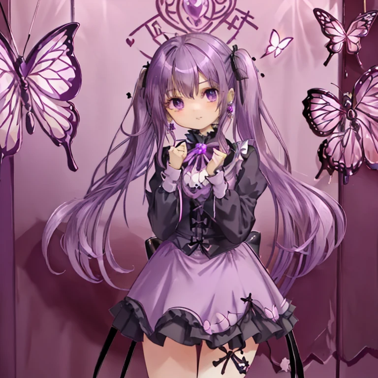Purple Hair，Long Hair，Twin tails，Curly Hair，Earrings，Gothic ta Costume，Miniskirt，gem，Butterflies fluttering，cute，Magical girl