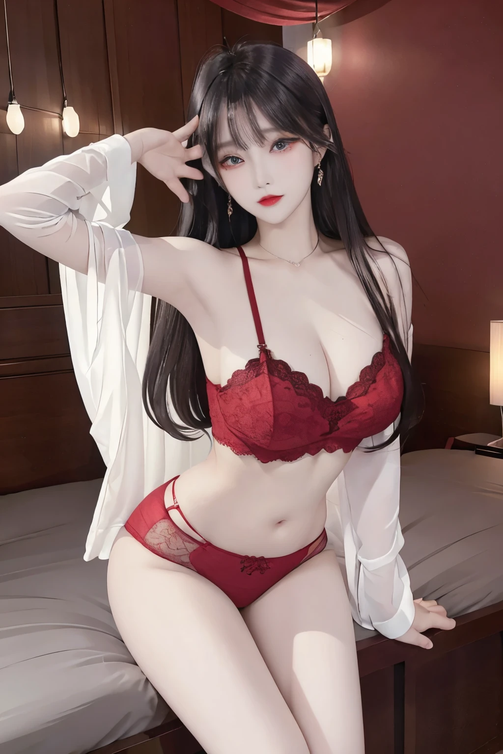 Top image quality、Raw photography、A high resolution、20-year-old cool Korean、big round chest、y red lace underwear、Beautiful Eyes of Details、very elongated eyes、Beautiful eyelashes、Beautiful double eyelids、eyeshadows、 long legs,medium thighs, beautiful eyes finely detailed、elongated eyes、long eyeslashes、Beautiful double eyelids、eyeshadows、earrings、shiny white skin、
