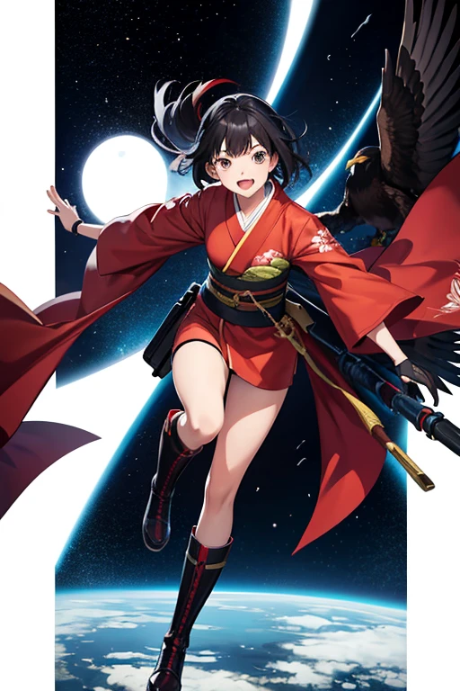 Anime Art、Full body portrait、Space SF Hunter、A Japanese woman around 24 years old, about 170cm tall, wearing a red kimono, running and falcon hunting、Short black hair、Laughing with mouth open、Arm guard、Leggers、boots、gloves、The hawk is flying