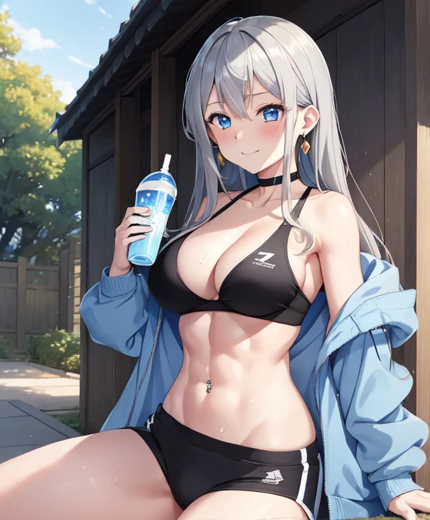 (((masterpiece))), ShizukaMikazuki, One Girl, alone, Looking at the camera, Long Hair, Gray Hair, Long sleeve, Cleavage, Very large breasts, Mature Body,Adult face,clavicle, Jacket, Open clothes, open Jacket, blue hoodie, Black sports bra, Black hot pants, choker with a charm,Play sports often,bicycle,Clear light blue eyes, Blushing,smile,Faintly visible abs,Earrings,Golden navel piercing,Park at dusk, Drinking a sports drink,Sweat,