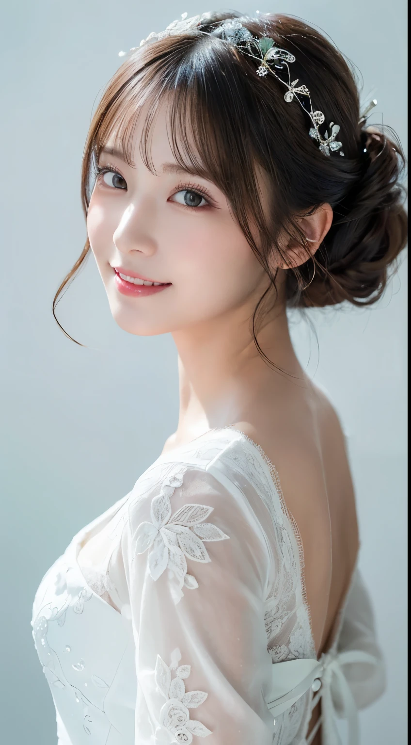 An innocent 20-year-old girl、smile,shortcut,natural Park、RAW Photos, (8k、highest quality、masterpiece:1.2)、(Intricate details:1.4)、(Photorealistic:1.4)、Octane Rendering、Complex 3D rendering with ultra-detail, Studio Soft Light, Rim Light, Vivid details, Super Detail, Realistic skin texture, Detailed aspect, Beautiful details in the eyes, , compensate, Glowing Skin, Upper Body、Lace dress、White wall background、Face and body facing forward、Wedding hairstyle