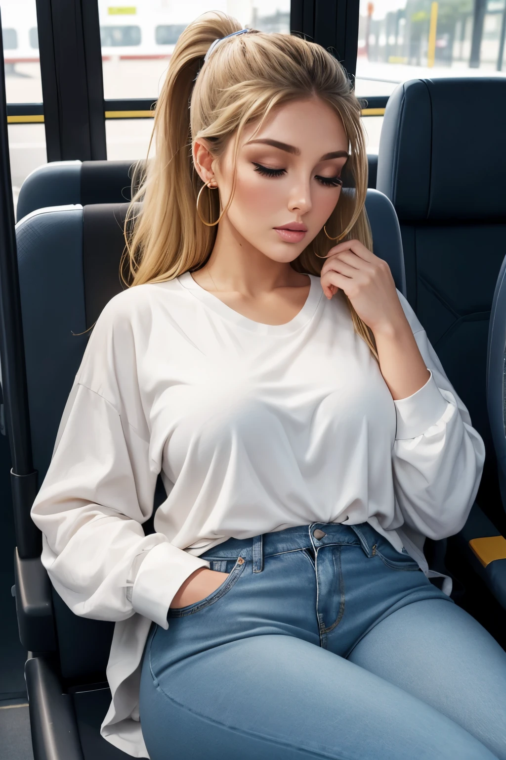 1 beautiful woman, beautiful face, large body, beautiful young woman, PONYTAIL, RIBBON AROUND THE HEAD, DYED BLONDE HAIR, eyes closed, LEAD COLOR LONG-SLEEVED SHIRT, latina woman, face made up, eyes closed, long eyelashes, eyelids made up, long blue jean pants, white sneakers, colored eye shadow, eyeliner, SMALL EARRINGS, eyelids outlined with makeup, BLACK BAG ON HER THIGHS, asleep on the bus, ARMS CROSSED, asleep with her mouth open, asleep leaning against the last seat of the bus, lucy pinder, face portrait, adele