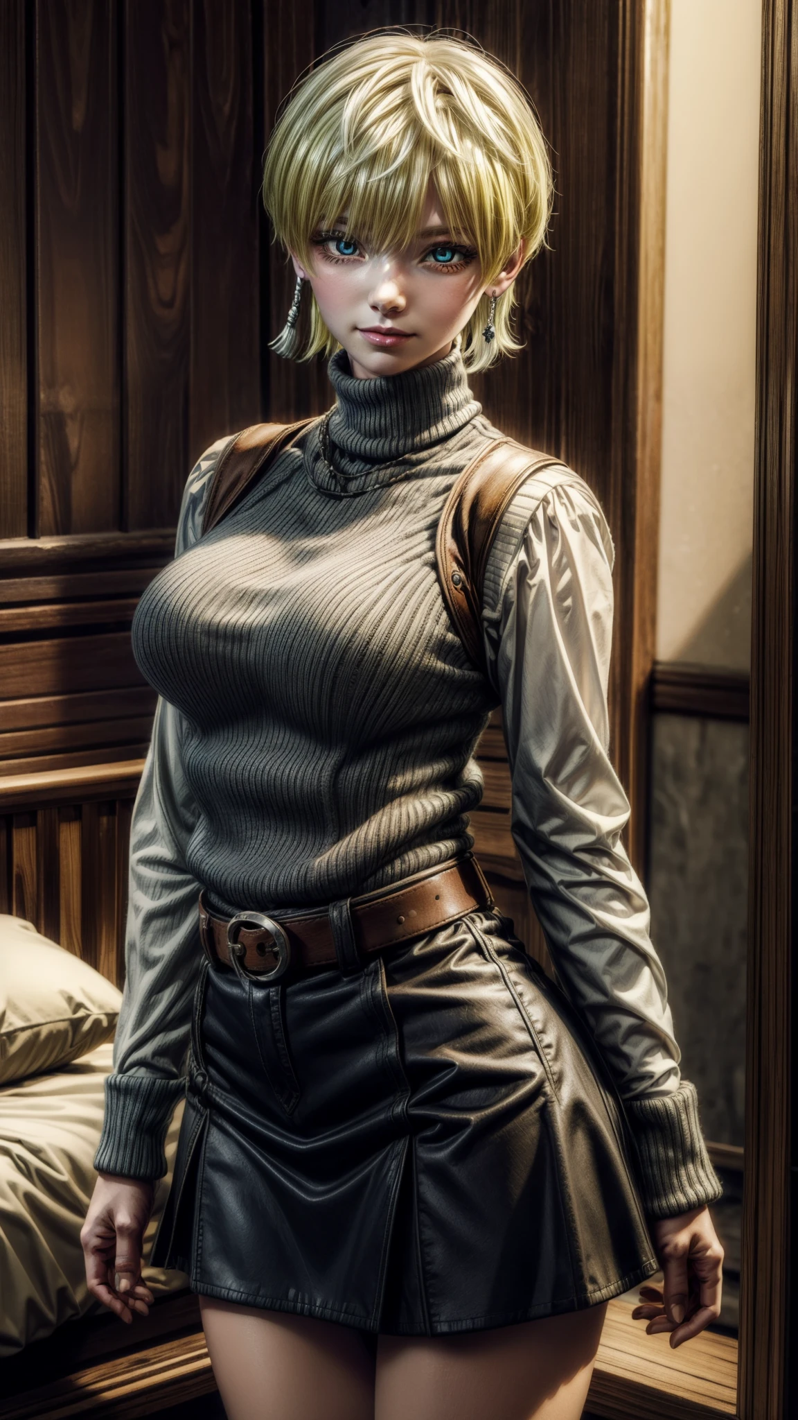 tenkaizumo, tenka izumo, short hair, blue eyes, blonde hair, smile, Large breasts, thick thighs, curvy hips 
BREAK skirt, long sleeves, jewelry, pantyhose, earrings, vest, sweater, turtleneck, turtleneck sweater,
BREAK indoors, bed,
BREAK looking at viewer, (cowboy shot:1.5),
BREAK (masterpiece:1.2), best quality, high resolution, unity 8k wallpaper, (illustration:0.8), (beautiful detailed eyes:1.6), extremely detailed face, perfect lighting, extremely detailed CG, (perfect hands, perfect anatomy),