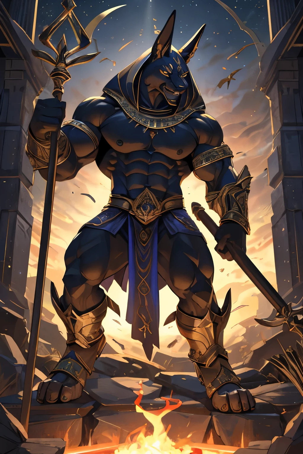 The masterful artist, with an unyielding determination, constructs an enraged Anubis figure in a full body pose. The god of the dead clenches a menacing staff in his hand, muscles taut from the intensity of his emotions. His angular features, etched with intricate lines, exude an air of anger and defiance. This magnum opus, created with the greatest care and attention to detail, is a testament to the artist's skill, captivating the viewer with its dynamic energy and lifelike realism. -s2
(Angry Anubis, full body pose, staff, masterpiece, enraged, detailed features, angular,