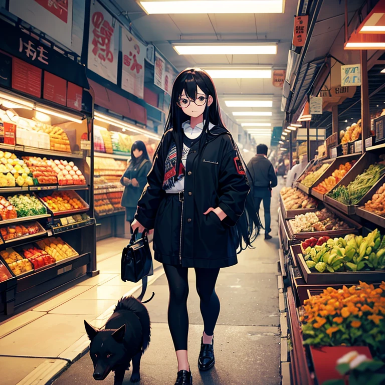 1 girl with long black hair, black rimmed glasses, walking a large black dog in a Tokyo market 