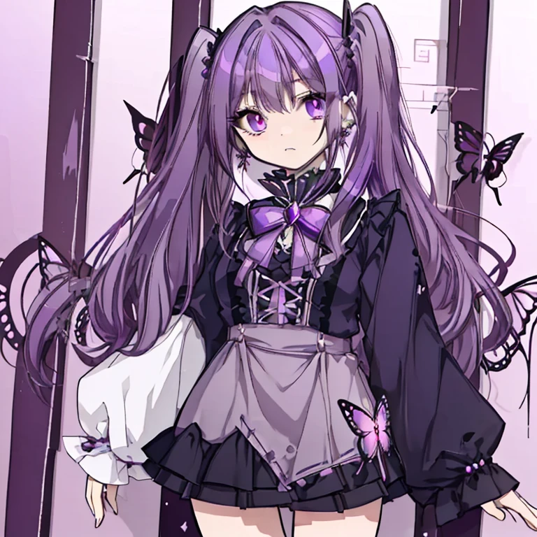 Purple Hair,Long Hair,Twin tails,Curly Hair,Sharp Eyes,Earrings,Gothic Lolita Costume,gem,Butterflies fluttering,Magical girl,Miniskirt,