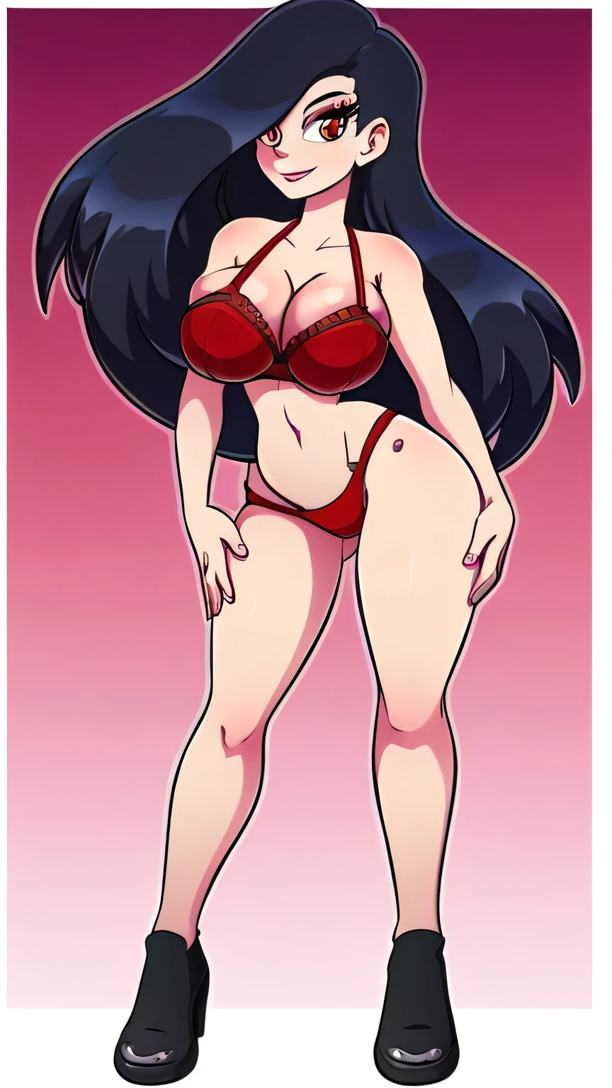 A woman Big tall sexy attractive light skin big breast Long straight black hair her blue rectangle eye eyelash wears bright red bra and a red thong standing curved leg wide sexy black shoe