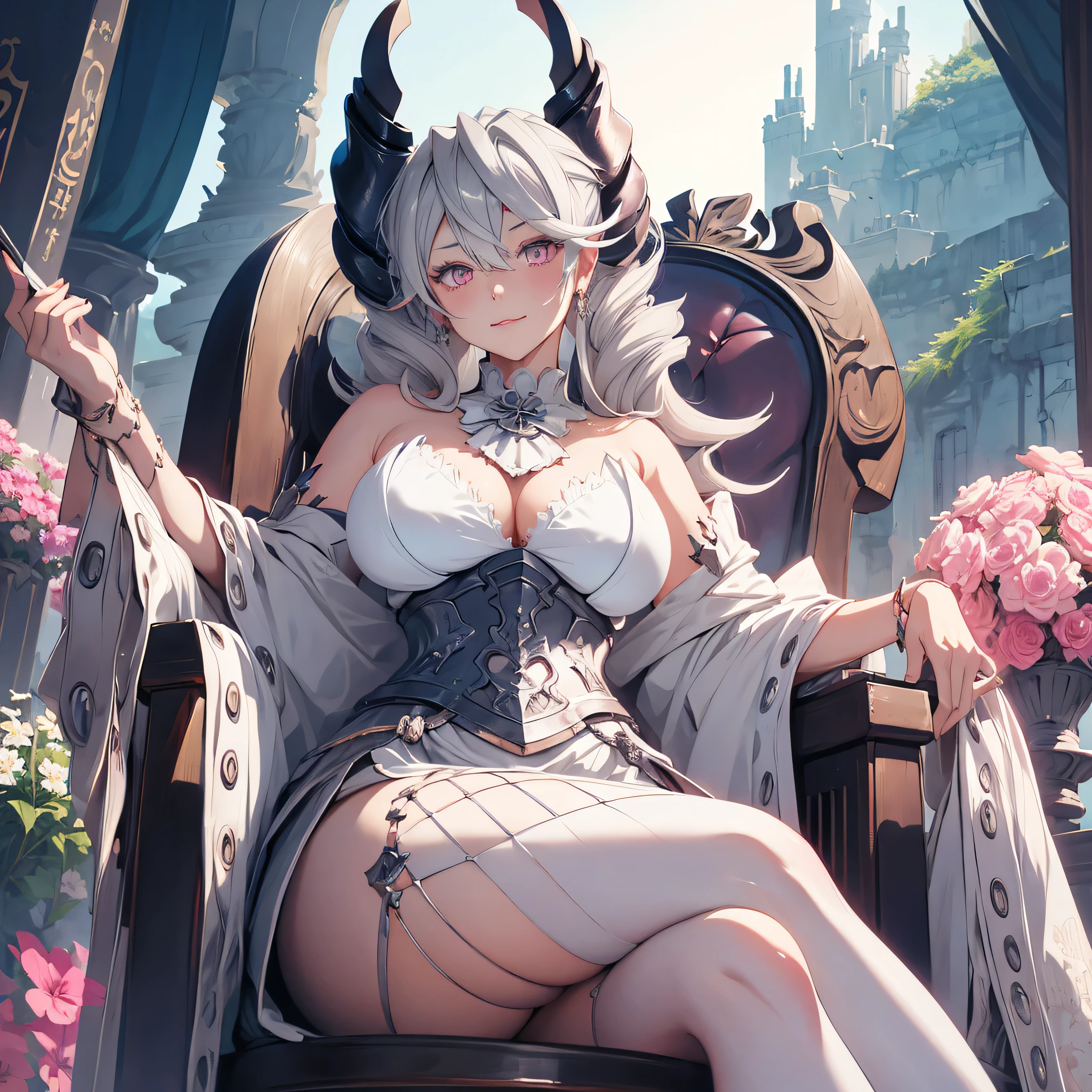 anime - style image of a woman in a dress sitting on a throne, a character portrait by senior character artist, trending on pixiv, fantasy art, extremely detailed artgerm, cushart krenz key art feminine, guweiz on artstation pixiv, guweiz on pixiv artstation, guweiz, 8k high quality detailed art, crossed leg in detailed, horn , all body , view from below , large breast, (an extremely delicate and beautiful girl:1.3), face, fixed eye, (++silver hair++), pink eyes, long hair,