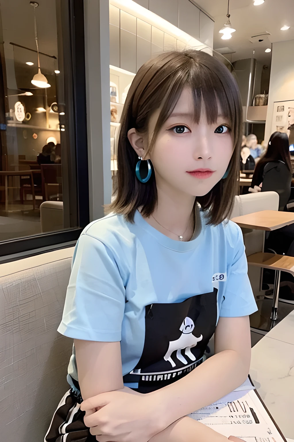 (8K、RAW photo、highest quality、masterpiece:1.2)、(realistic、Photoreal:1.37)、1 girl、16 only、cute、adorable、(blue eyes)、(shy smile:0.4)、(solo)、detailed face、oval face、thin almond eyes、brown short hair、hair above one eye、Slender、medium breasts、collared shirt、elevation angle、head tilt、fluorescent light、Inside the coffee shop、sitting by the window、small head、(Facing the other side)、age girl、earrings