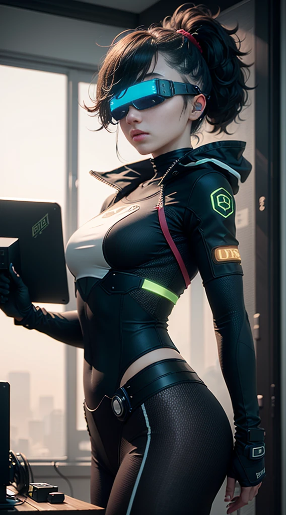 （（bestquality））， （（master masterpiece））， （Very Detail：1.3）， 。.3d， Beautiful （Cyberpunk：1.3） Female hacker，Mohican hairstyle，Looking at the Audience，Thick hair，Operate a computer terminal，Head-mounted display，Computer server，LCD screen，Fiber optic cable，Company logo，hdr（High dynamic range），Ray Tracking，NVIDIA RTX，Super-Resolution，Unreal 5，-surface Scattering，PBR textures，Post-processing，Anisotropic filtration，depth of field，Maximum clarity and sharpness，Multi-layer textures，Albedo and highlight maps，Surface coloring，Accurately simulate light-material interactions，Perfect proportions，Octane rendering，Duotone illumination，Low ISO，White balance，trichotomy，Wide aperture，8K RAW，Efficient -pixel，Subpixel convolution，Luminous particles，Dynamic pose