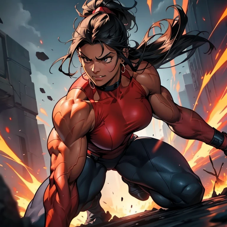 Red She-Hulk, muscular figure with black hair,
Her robust physique exudes a sense of raw power,
Black tresses cascade down her broad shoulders,
Eyes blazing with intensity, a fiery gaze,
Her intense muscles ripple under the red light,
Skin tight-fitting, a testament to her strength,
An intricate web of veins beneath the surface,
A defiant smirk forms on her lips,
A figure of unyielding determination,
Red She-Hulk, a force to be reckoned with.