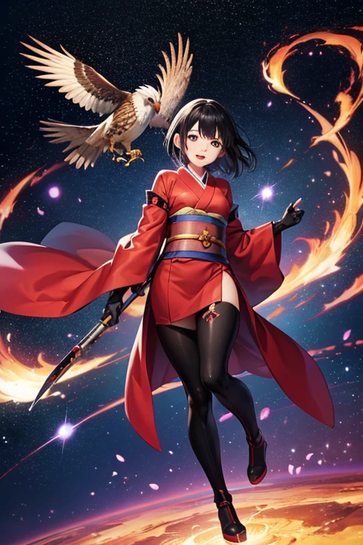 Anime Art、Full body portrait、Space SF sorcerer、A Japanese woman around 24 years old, about 170cm tall, wearing a red kimono, engaged in falconry.、Short black hair、Laughing with mouth open、Arm guard、Leggers、boots、gloves、The hawk is flying