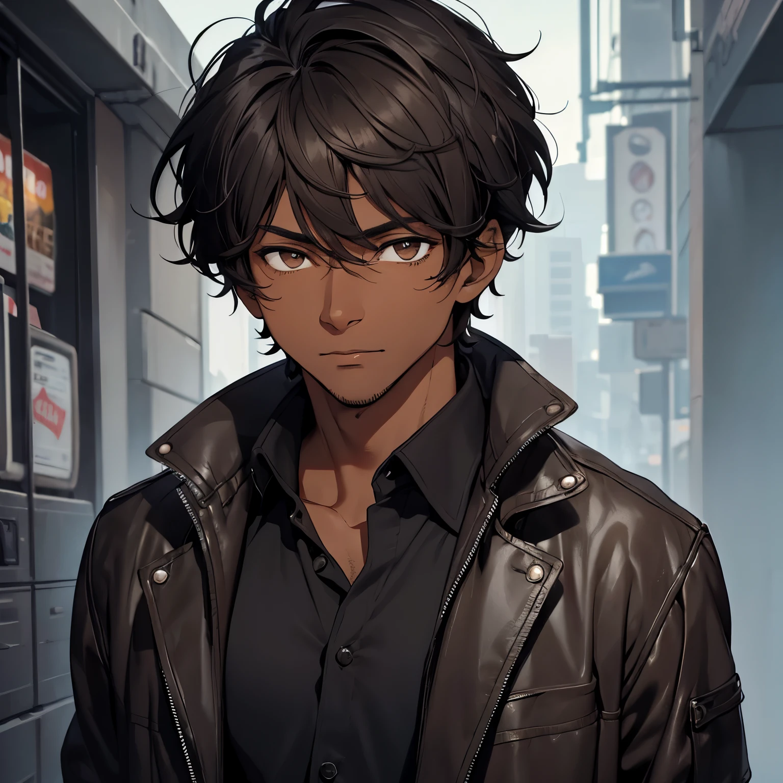 A man, dark-skinned, short messy hair, brown eyes, black jacket, gray shirt,