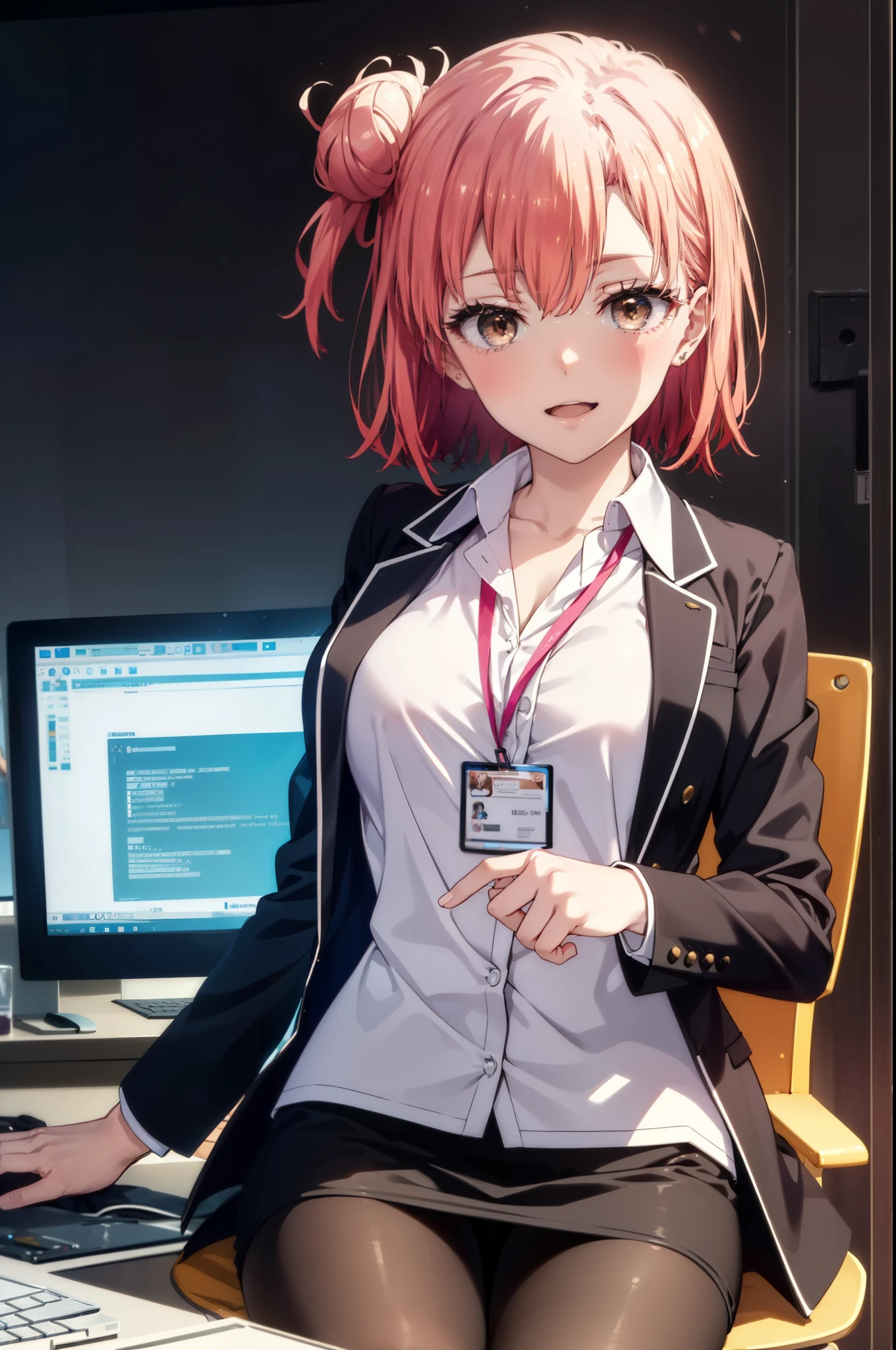 yuiyuigahama, yui yuigahama, short hair, (Brown eyes:1.5), (Pink Hair:1.2), Hair Bun, single Hair Bun, smile, (Big Breasts:1.2),happy smile, smile, Open your mouth,
, OL, Black suit jacket, Collared jacket, White dress shirt, Collared shirt, Neckline, button, strap, ID card on the neck, Black pencil skirt, Black pantyhose, Stiletto heels,interior,sitting cross-legged on a chair、There is a computer on the table,touch typing,interior昼間,Clear skies,
break indoors ,office,　　　　　　　　　　　　　　　break looking at viewer, (Cowboy Shot:1.5),
break (masterpiece:1.2), highest quality, High resolution, unity 8k wallpaper, (shape:0.8), (Fine and beautiful eyes:1.6), Highly detailed face, Perfect lighting, Highly detailed CG, (Perfect hands, Perfect Anatomy),