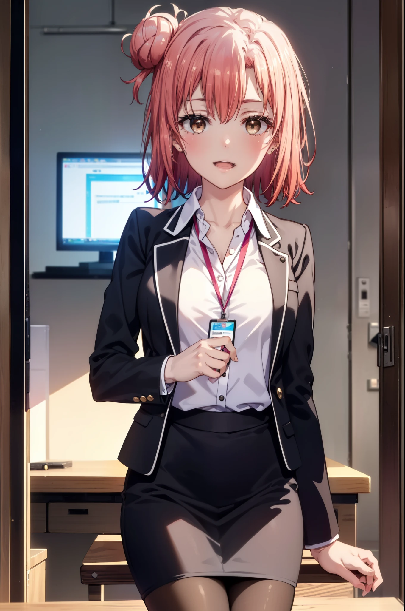 yuiyuigahama, yui yuigahama, short hair, (Brown eyes:1.5), (Pink Hair:1.2), Hair Bun, single Hair Bun, smile, (Big Breasts:1.2),happy smile, smile, Open your mouth,
, OL, Black suit jacket, Collared jacket, White dress shirt, Collared shirt, Neckline, button, strap, ID card on the neck, Black pencil skirt, Black pantyhose, Stiletto heels,interior,sitting cross-legged on a chair、There is a computer on the table,touch typing,interior昼間,Clear skies,
break indoors ,office,　　　　　　　　　　　　　　　break looking at viewer, (Cowboy Shot:1.5),
break (masterpiece:1.2), highest quality, High resolution, unity 8k wallpaper, (shape:0.8), (Fine and beautiful eyes:1.6), Highly detailed face, Perfect lighting, Highly detailed CG, (Perfect hands, Perfect Anatomy),