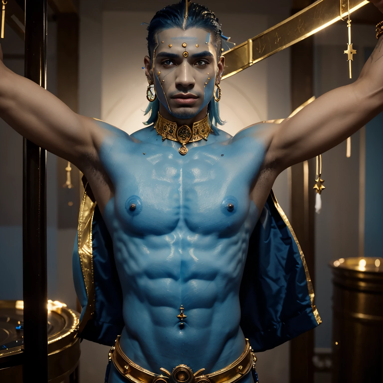 Create a djinn with an obvious boastful personality, light blue skin, covered in gold and with long guages and other piercings. 