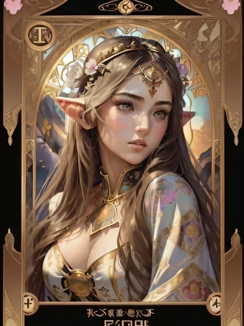 ((masterpiece、highest quality、Super fine、High resolution、Sharp focus)、((1 female、Bust Shot))、Focus from the chest up、Face Light、Elf girl portrait、Faces of Europe、Long Hair、Glowing Skin、Wearing patterned robes、((Tarot Card Layout))、Floral frame、Decorative panel、 (Alphonse Mucha) 、Hands behind your hips、Detailed hand drawing、black background