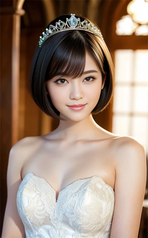 (Best quality: 1.5), (Realistic: 1.5), (1 person: 1.5), (Upper body: 1.5), Highly detailed, high resolution, 8k wallpaper, small breasts, natural colored lips, pretty smile, fair skin , Japanese woman, 20-year-old girl, beautiful and elegant face, perfect and beautiful face, thin eyebrows, big eyes, beautiful and elegant face, natural bangs, beautiful thin nose, beautiful skin, medium bob hair, short cut hair, Natural bangs, perfect beautiful face, slim face and style, (looking at camera), bright lighting, professional lighting, front lighting, natural smile, church, princess-line wedding dress, tiara, beautiful face lines, small face, pretty woman,