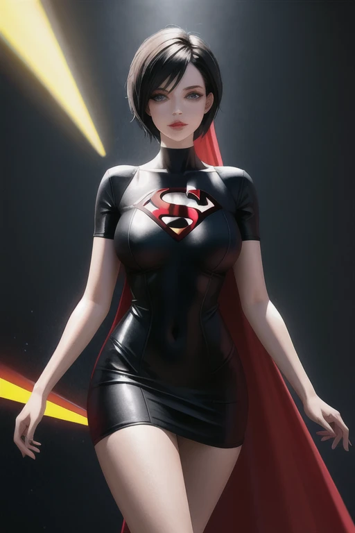 there's a woman in a short dress walking on a runway, digital art by Nelson Alexander Ross, winner of the Artstation contest, neo-dada, neosurrealism. digital art, neosurrealism, neo surrealism, cover art, giant art, dreamy cyberpunk girl, short black hair, promotional art, using superman S symbol, tracer in a tight dress, near a galaxy, skydoll noa