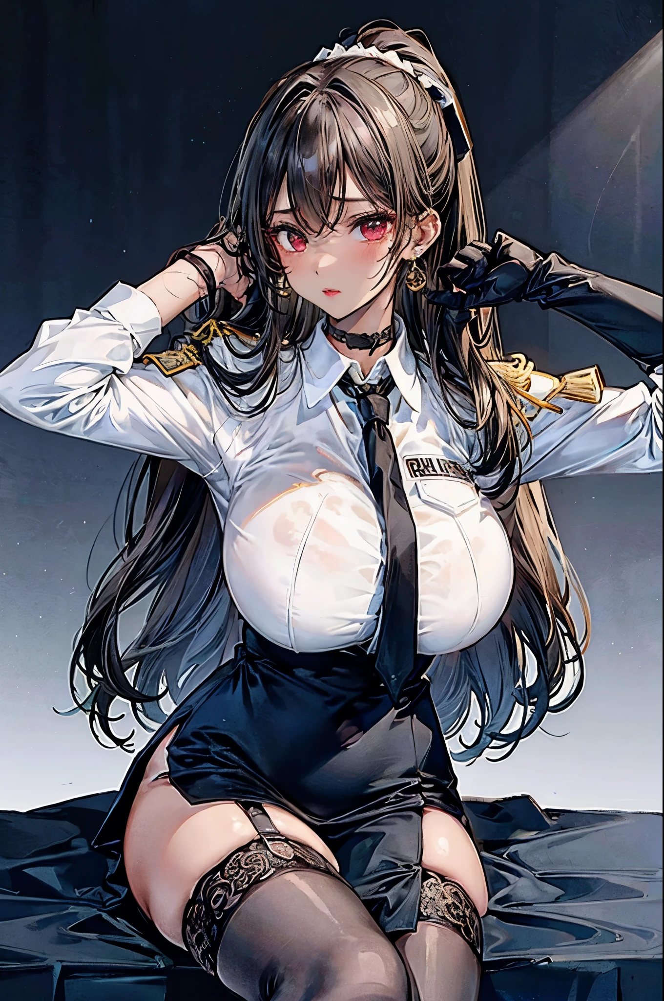 (masterpiece:1.2、highest quality、Tmasterpiece)、1 female、alone、classroom、Day、Are standing、blonde、ponytail、Red eyes、(Police uniform:1.4)、(Dark Skin:1.4)、Big Breasts、(Place your hands behind your head:1.2)、tie、corset、Hoop Earrings、lipstick、Very sweaty、Ring Choker、Scrunchie、blush、Covered breasts、Bangs braids、(Thick lips:1.2)