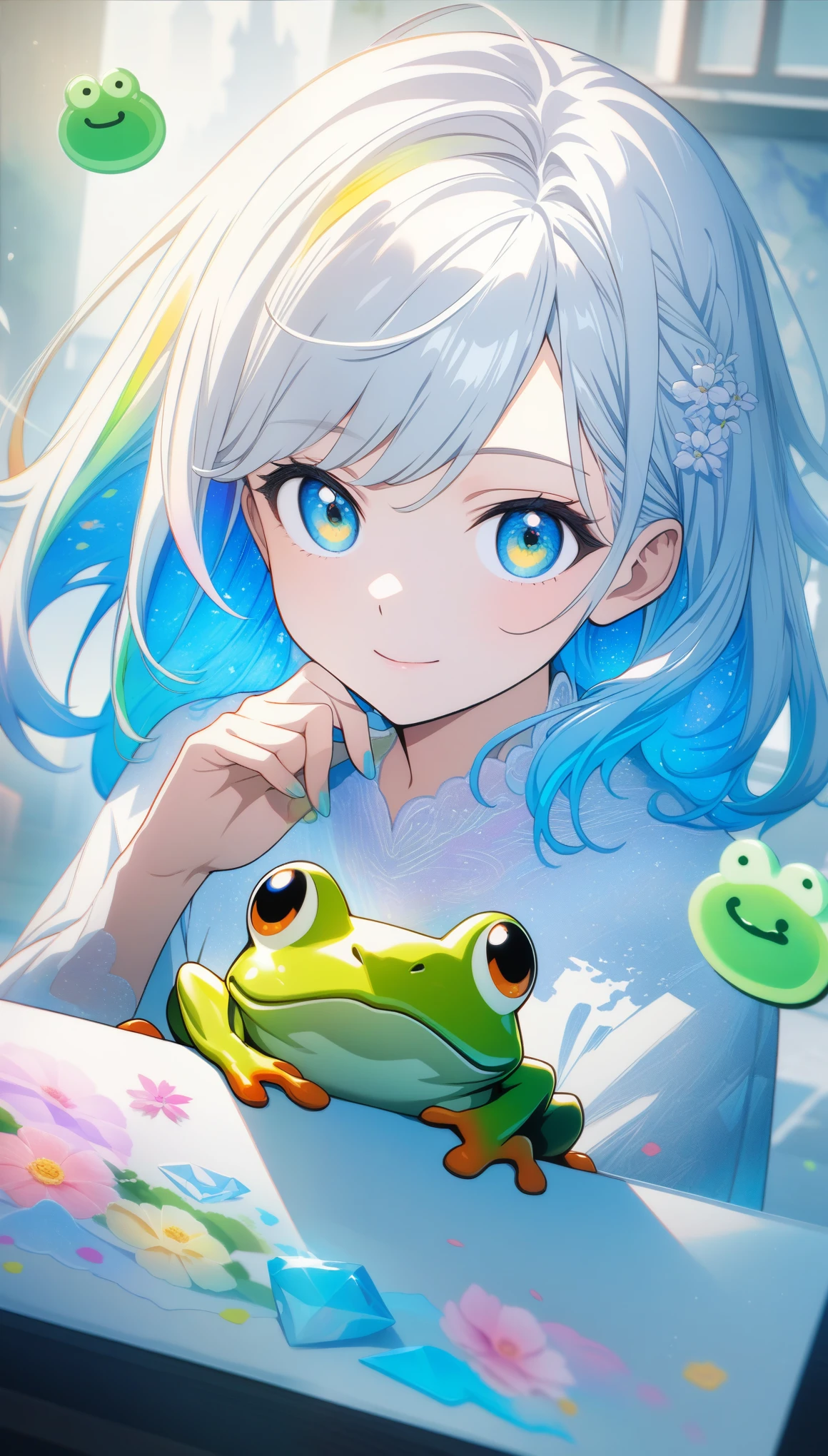 32k, best quality, ultra high res, HDR, UHD, extremely detailed CG, unity 32k wallpaper, **Japanese anime, A picture that looks like it was drawn with Copics,crystal style, crystal clear, woman with frog, under the blue moon, it was meticulously written, picture with elaborate writing, cute woman over smile,Flower, bold and strong line drawing, vivid acrylic painting, vivid thick paint, vivid, plain background, beautiful proof, highest resolution 16K, beautiful anime woman that is betrayeded by a frog, hair is short, Beautiful lightcyan high lights in her beautiful kind eyes, background is twinkle,Beautiful woman with a loose airy bright colorful hair with diamond high lights,Transparent dress, ,thick aquarelle colors,colorful,honeydew and diamond, lightcyan and white and light Effects,wallpaper,architecture,High quality, high image quality, great amount of drawing,pixiv illustration, transparency, Japanese anime,upper body,white tone, delicate brushwork,distinct color,