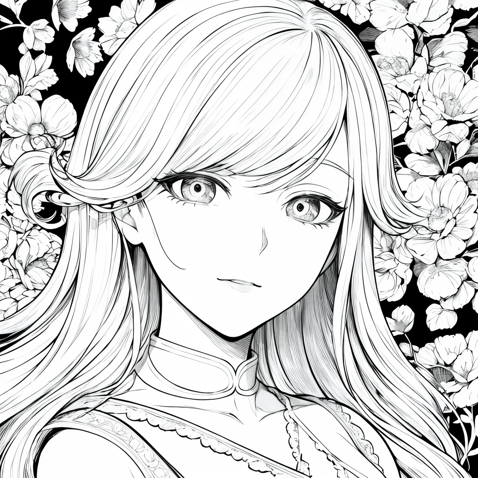 best quality, high resolution, detailed background, high contrast, 1 girl, close-up of the head, floral background, clean line drawings, vibrant colors