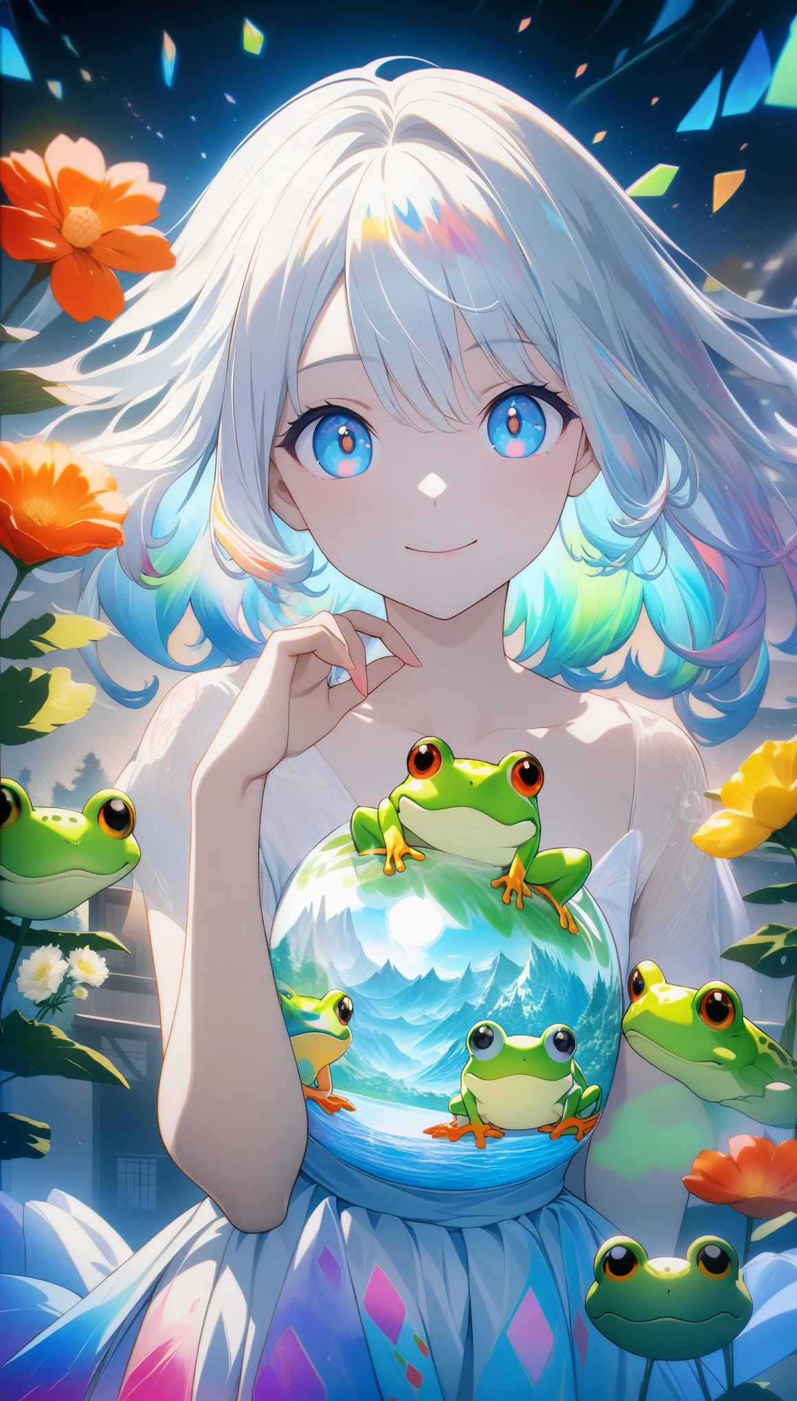 32k, best quality, ultra high res, HDR, UHD, extremely detailed CG, unity 32k wallpaper, **Japanese anime, A picture that looks like it was drawn with Copics,crystal style, crystal clear, woman with frog, under the blue moon, it was meticulously written, picture with elaborate writing, cute woman over smile,Flower, bold and strong line drawing, vivid acrylic painting, vivid thick paint, vivid, plain background, beautiful proof, highest resolution 16K, beautiful anime woman that is betrayeded by a frog, hair is short, Beautiful lightcyan high lights in her beautiful kind eyes, background is twinkle,Beautiful woman with a loose airy bright colorful hair with diamond high lights,Transparent dress, ,thick aquarelle colors,colorful,honeydew and diamond, lightcyan and white and light Effects,wallpaper,architecture,High quality, high image quality, great amount of drawing,pixiv illustration, transparency, Japanese anime,upper body,white tone, delicate brushwork,distinct color,