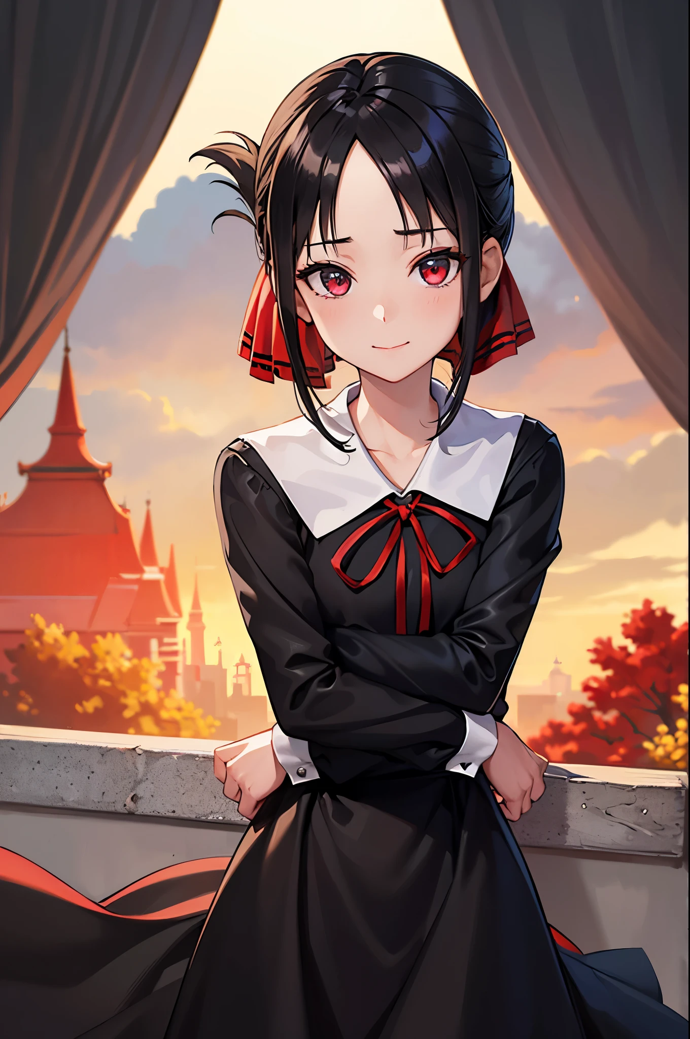 (masterpiece), best quality, expressive eyes, perfect face, highres, 1girl, solo, aakaguya, short hair, folded ponytail, hair ribbon, parted bangs, neck ribbon, red ribbon, black dress, black shirt, long sleeves, black sleeves, schoolyard, smiling, standing, upper body portrait, looking at the viewer