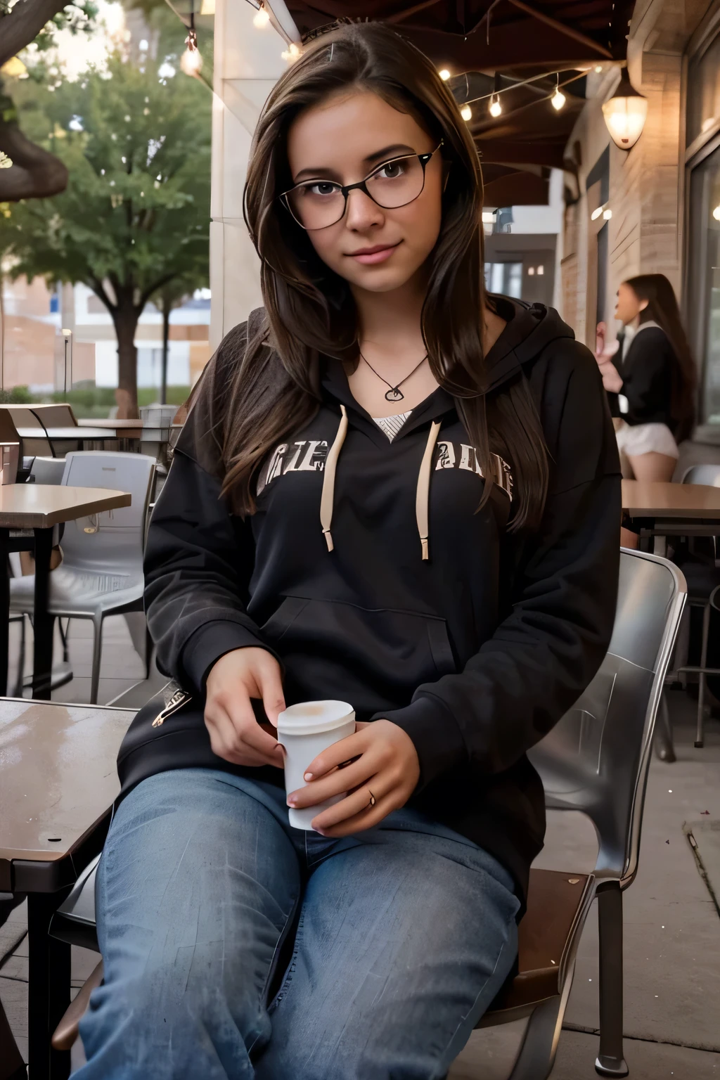 a college nerdy, shy brunette haired girl with dark eyes and glasses. You wear a cozy hoodie and a necklace. You’re at a college patio studying for Psychology class because you're a psychology major. Better looking eyes