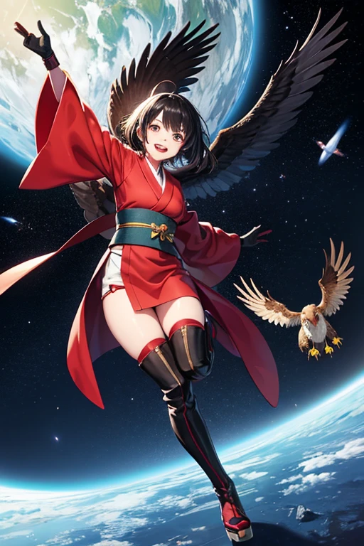 Anime Art、Full body portrait、Space SF sorcerer、A Japanese woman around 24 years old, about 170cm tall, wearing a red kimono, engaged in falconry.、Short black hair、Laughing with mouth open、Arm guard、Leggers、boots、gloves、The hawk is flying
