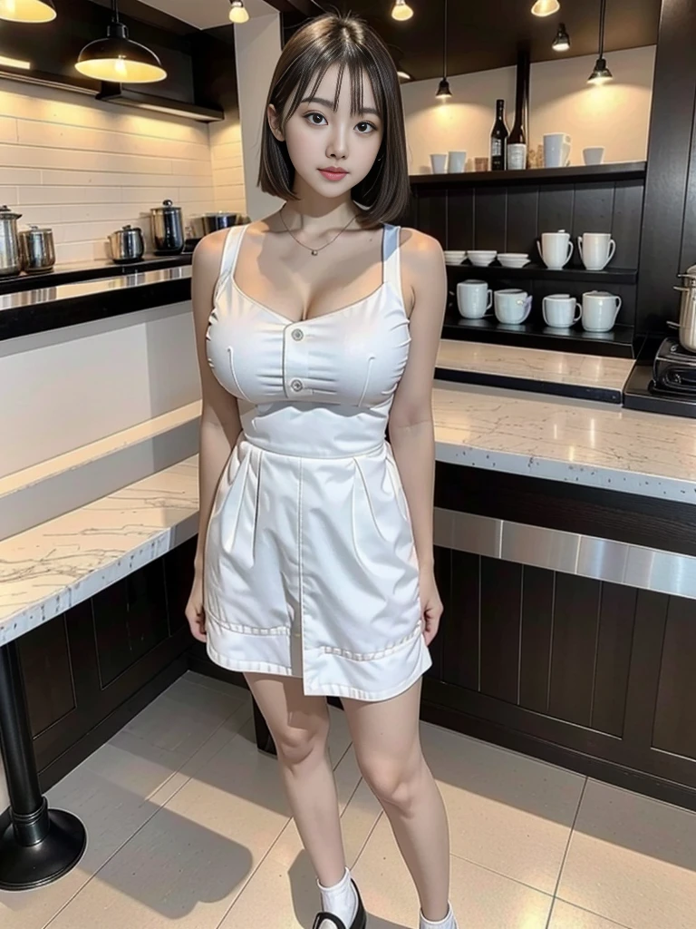 highest quality,8K,masterpiece,high resolution,Three Women,The background is a cafe,Cafe attendant costume,Larger breasts、Bob cut hair,Full Body Shot