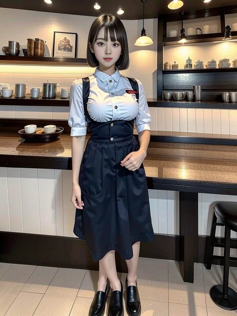 highest quality,8K,masterpiece,high resolution,Three Women,The background is a cafe,Cafe attendant costume,Larger breasts、Bob cut hair,Full Body Shot