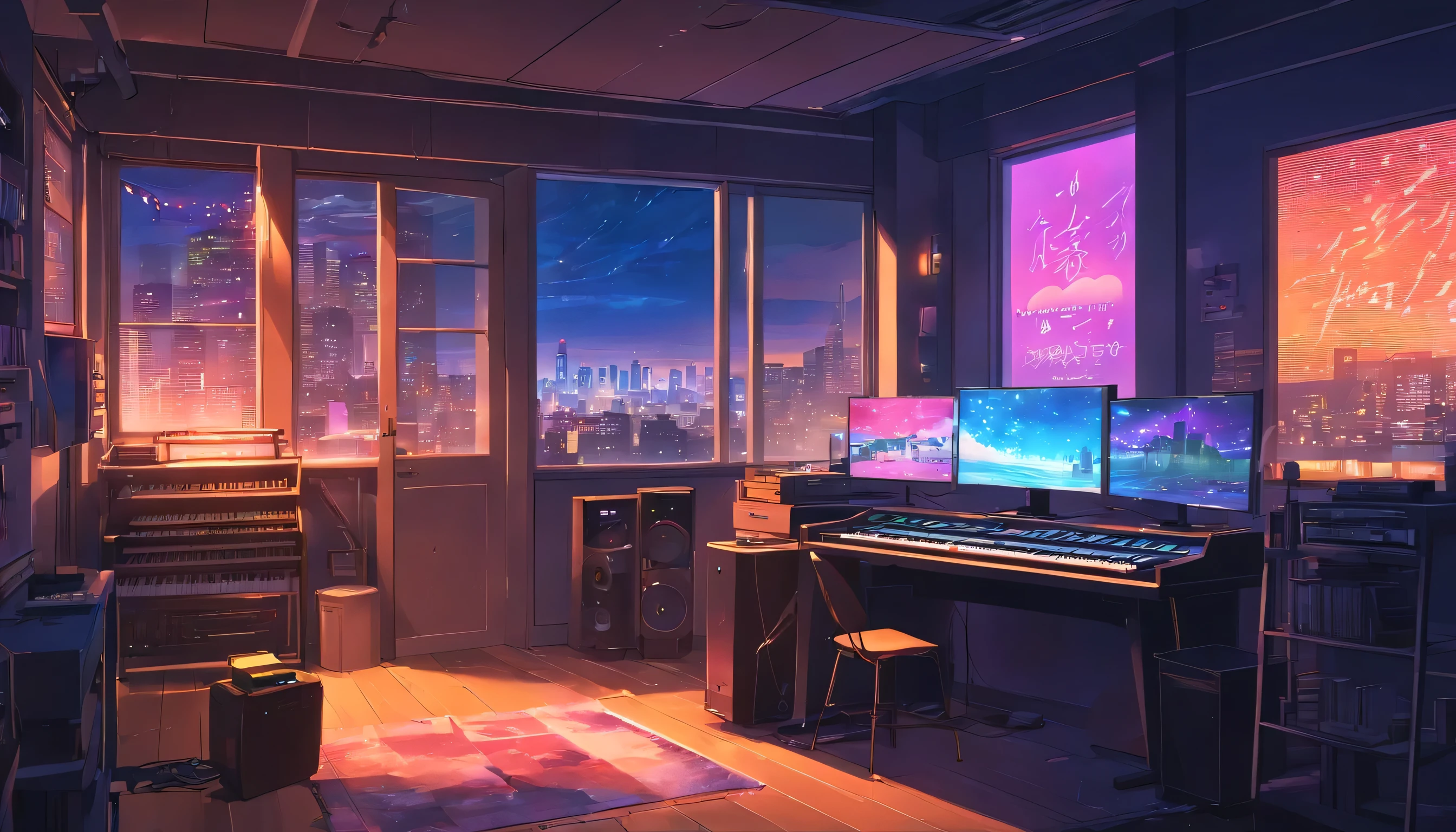 Music studio room, LED and neon light displays inside the room, anime posters displays on the wall, Dark room, Night, Computer, keyboard, Earphone, Monitor the speaker, electric pianos, Small lights, Background, sofe,, rain, Night sky, Night City, absurderes, A high resolution, ultrasharp, 8K, Masterpiece, high quality