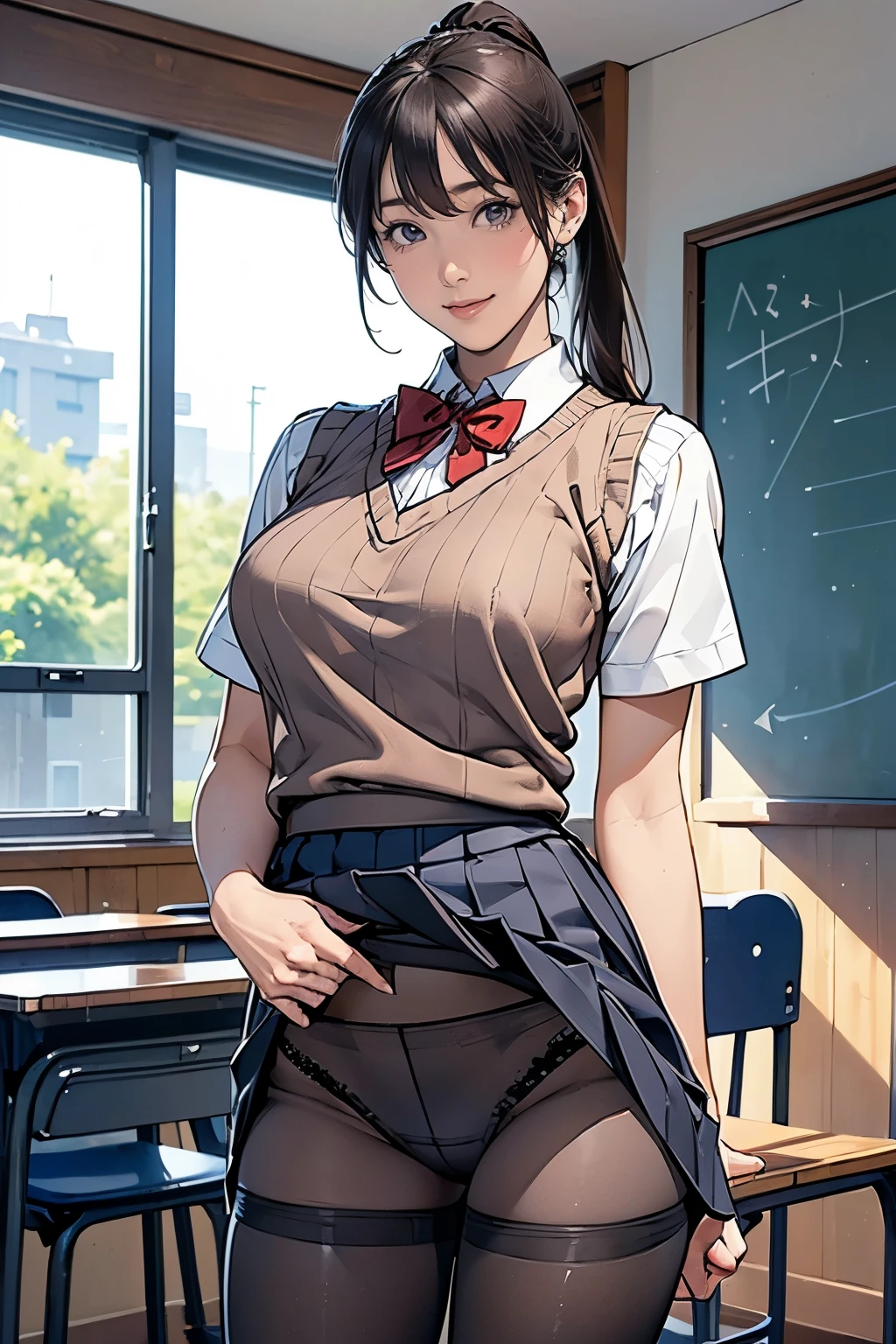 (masterpiece、highest quality)、Beautiful illustrations、Gazing at the viewer、Beautiful thighs、Front view、1 girl、Mature high school girl、A high school girl who looks 25 years old、Shiny skin、(ponytail)、Big eyes、Long eyelashes、very tall、 Beautiful Hair、Beautiful Face、Beautiful Eyes、 Beautiful breasts、Beautiful thighs、Beautiful legs、Beautiful fingers、(((brown knit vest、Short sleeve white collar shirt、Navy Pleated Skirt)))、((Red bow tie))、(In the classroom)、Are standing、((smile))、(((((Skirt lift with both hands、I can see her panties and black pantyhose)))))