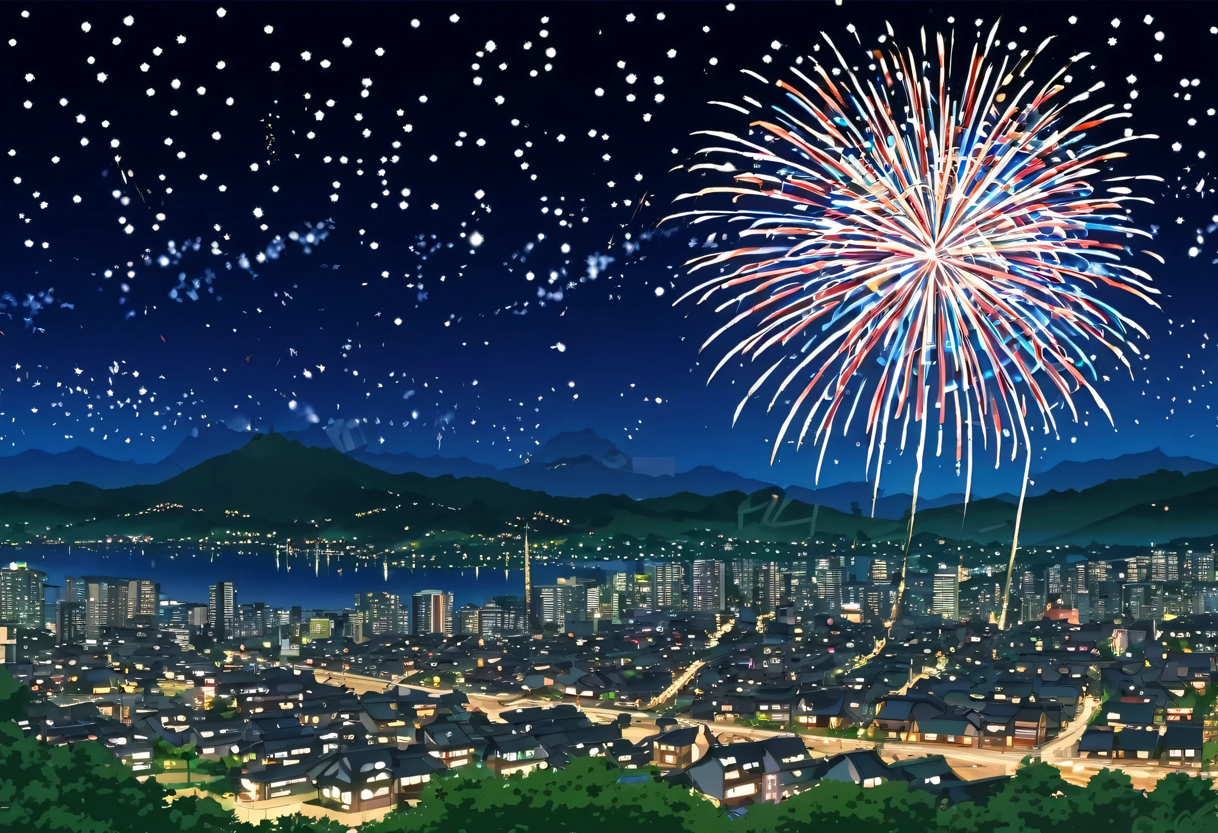 fireworks over the city stock photo, a picture of fireworks over the city by christina, [ fireworks in the sky ]!!, Residential Street, firework, Town Background, fireworks, Detailed pictures of the virtual world, Happy!!!, countryside city scene, Japanese cities, Great background, Anime-style streetscape, future!!, Japanese Town, night village backgrounds, rendering, Summer Festival Night