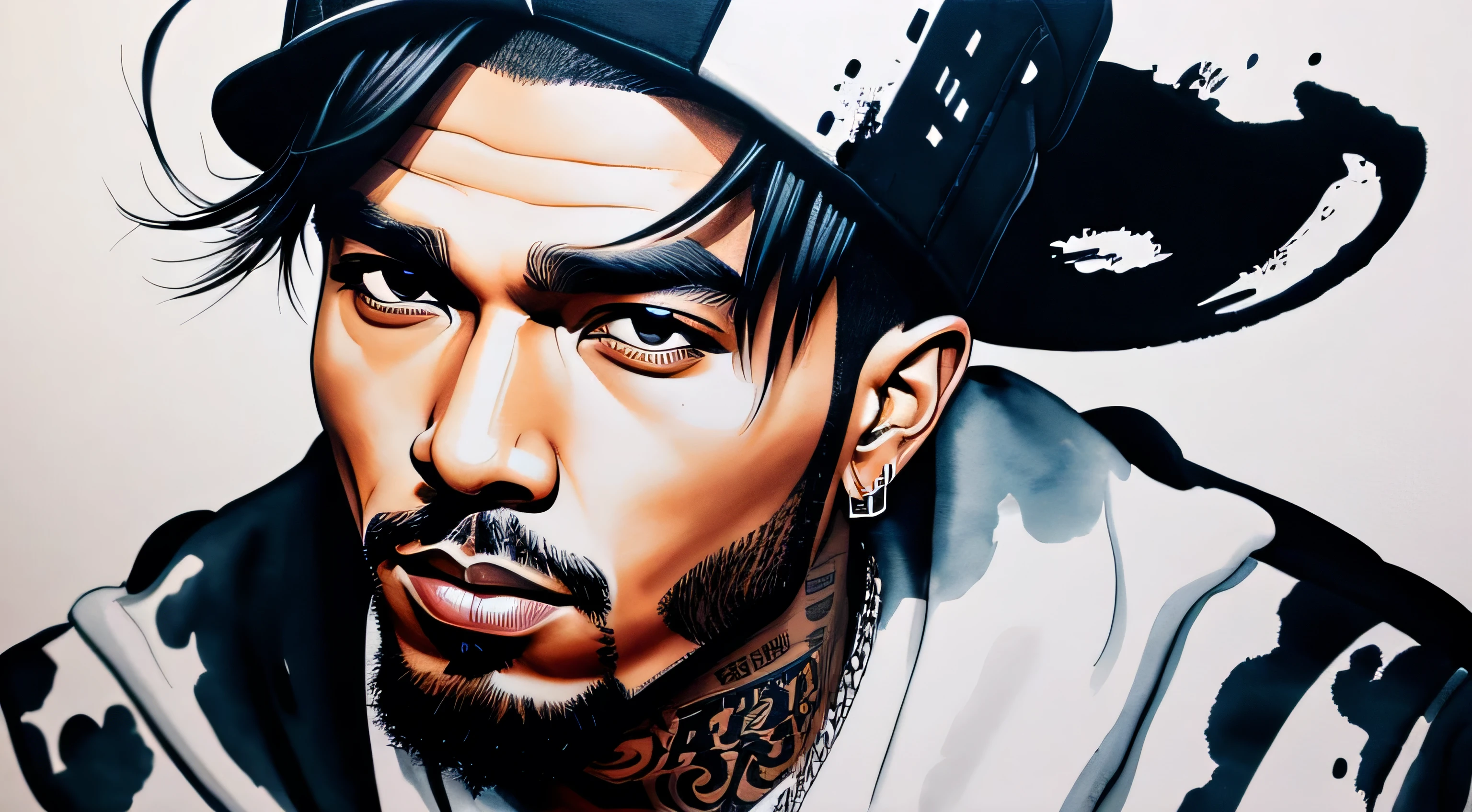 Ink painting style　male　Hip Hop Fashion　Rapper　Detailed facial expression depiction、Detailed hair depiction、Detailed eye depiction、Note