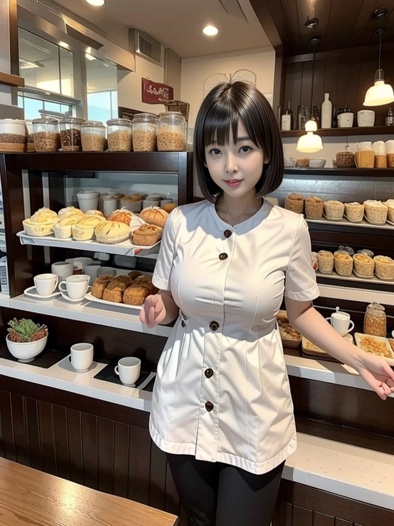 highest quality,8K,masterpiece,high resolution,The background is a cafe,Cafe attendant costume,Larger breasts、Bob cut hair,Full Body Shot