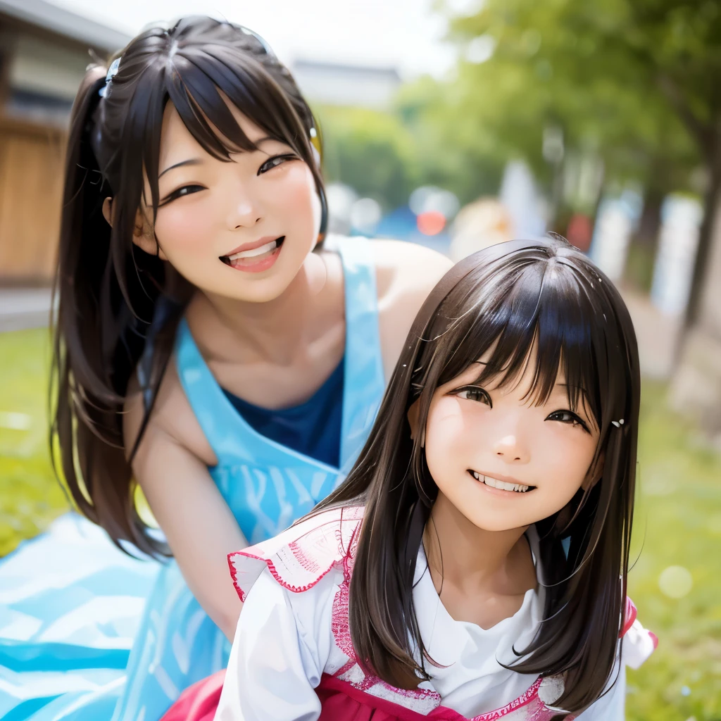With a 7-year-old Japanese girl、The mother、Looking at me with a smile