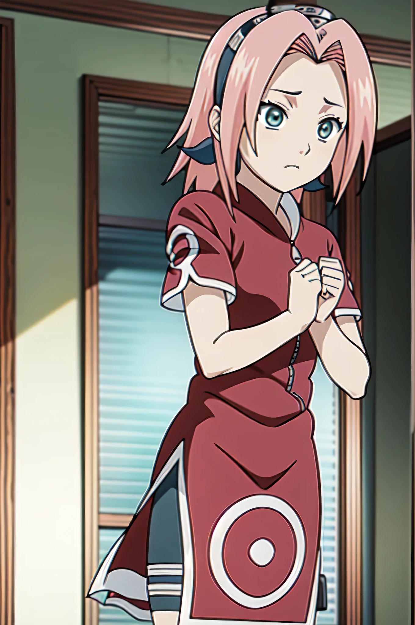 Obra maestra, mejor calidad, 4k, (((1 chica))), de cerca, Brillante, haruno sakura, anime style, , , , fondo dinamico, fondo rosa, Cabello rosado, pelo corto, ((ojos verdes)), forehead protection, close up, triste, rezando, ojos cerrados, de frente, brillante