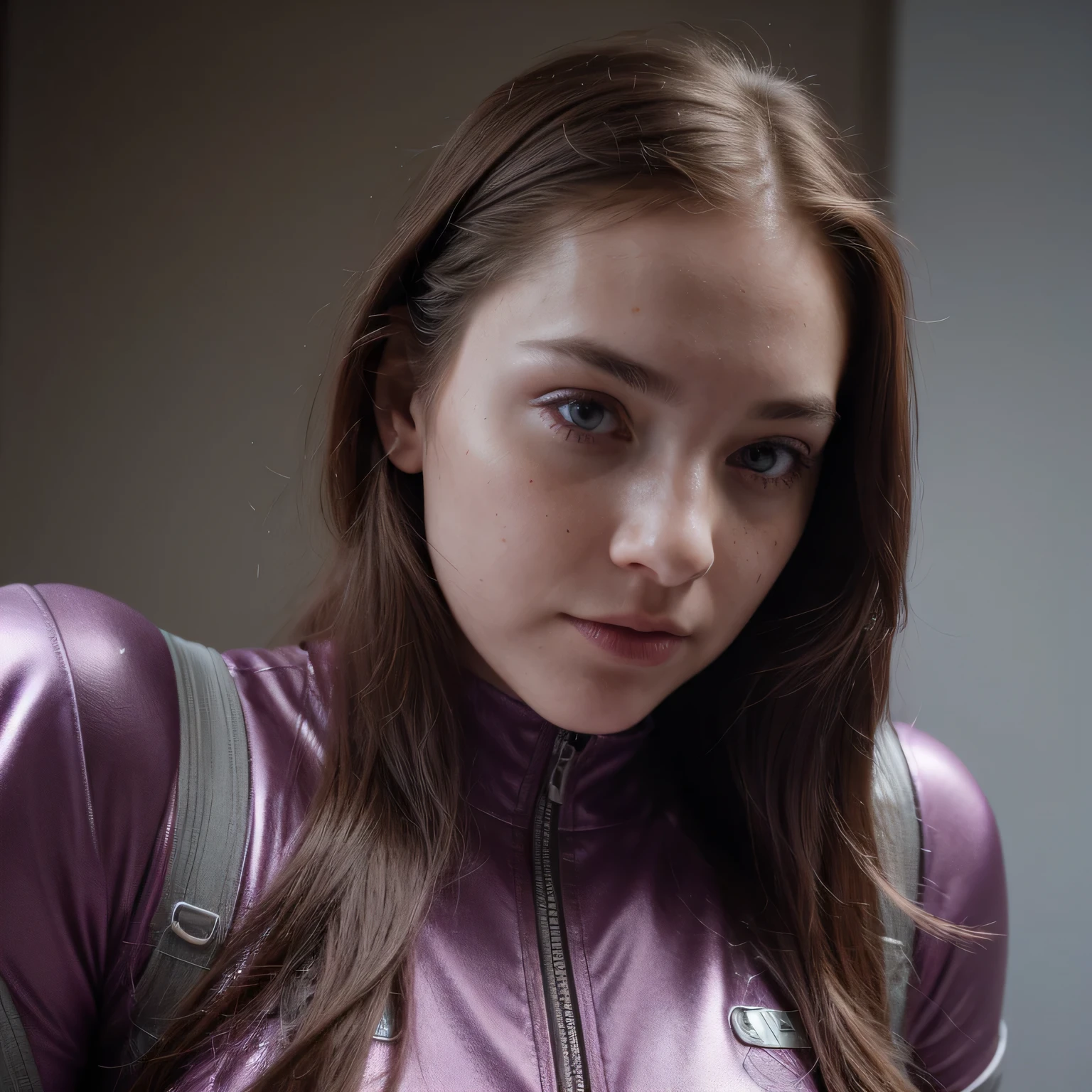 Photo of a college student, Purple Pink, Futuristic space suit, (freckle:0.8) Cute face, Science Fiction, Dystopia, Delicate eyes, Blue pupils（（side view））Flowing long hair，Jump，be born，Burgundy hair