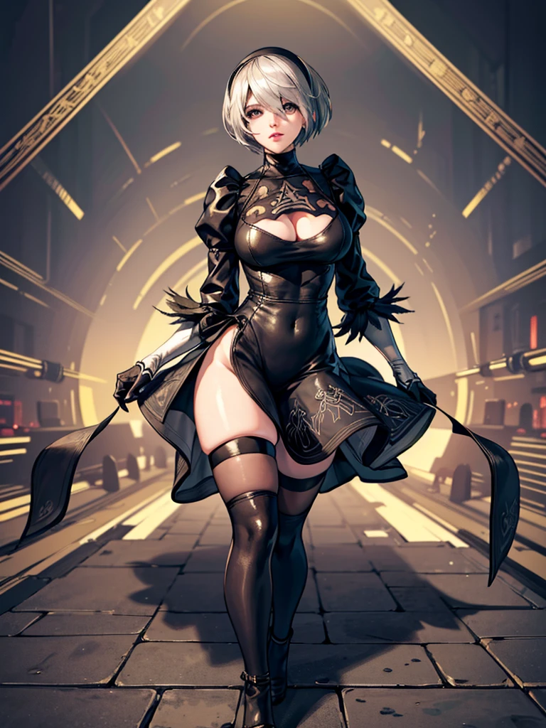 hm2b, 8k, (Full Body Portrait) ,masterpiece、Realistic:1.2, Realistic, Ultra-high resolution, highest quality, (Solo, 1girl), (Masterpiece, Detailed, 4k), perfect face, perfect lips, perfect makeup, dark eyeshadow, Unreal Engine 5, (Full Body Portrait), absurd resolution, high resolution, sharp image, vibrant colors, Nier Automata, voluptuous, ((2b)) ((2b cosplay)), ((2b outfit))